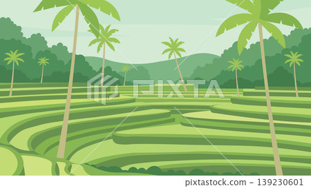 Green Layered Terraces Bali Rice Flat Design Illustration 139230601