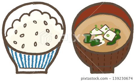 A set of rice and miso soup (with tofu and seaweed), featuring a simple and cutely stylized illustration (Lifestyle Series). A set of rice and miso soup (with tofu and seaweed), featuring a simple and cutely stylized illustration (Lifestyle Series). 139230674
