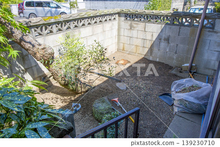 A small garden, partially maintained, surrounded by concrete blocks. A small garden, partially maintained, surrounded by concrete blocks. 139230710