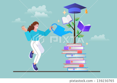 Cheerful female student cultivating her intellect by watering a tree of wisdom with graduation cap on top symbolizing personal development and success through education Cheerful female student cultivating her intellect by watering a tree of wisdom with graduation cap on top symbolizing personal development and success through education 139230765
