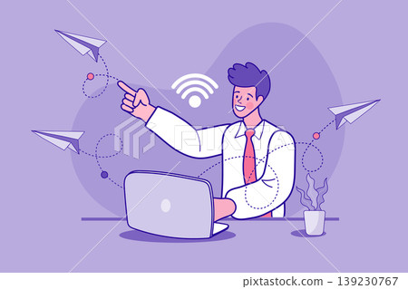 Businessman using laptop for digital communication with paper planes and wifi symbol representing global networking message delivery and creative online business connectivity concept Businessman using laptop for digital communication with paper planes and wifi symbol representing global networking message delivery and creative online business connectivity concept 139230767