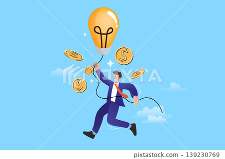 Ambitious entrepreneur soaring in the sky powered by a glowing light bulb surrounded by money symbolizing financial growth successful idea implementation and smart investment 139230769