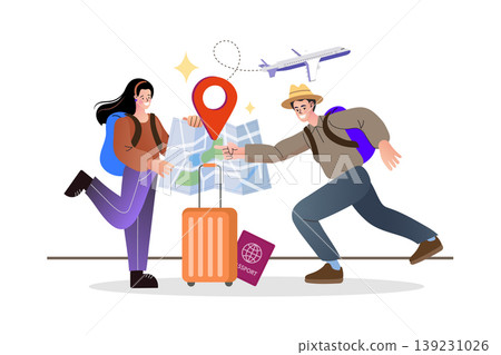 Travel planning and summer vacation concept with happy tourists holding map and suitcase  139231026