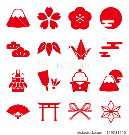 Japanese-style icon set [Mt. Fuji, cherry blossoms, torii gate, New Year's motifs] (Colorful materials representing Japanese culture) 139231210