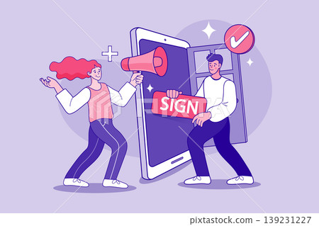 Happy woman with megaphone and man holding sign button standing near a smartphone with an open door representing successful user login member subscription and digital onboarding process 139231227