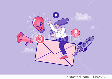 Email marketing promotion and digital communication concept with woman and social media icons 139231228