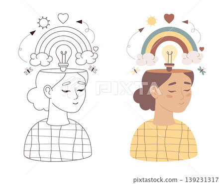 Mental Health. Happy Woman Head Rainbow with Lightbulb and Rainbow. Coloring Page with Outline and Color drawing. Concept Harmony, Mindfulness Self Care and Wellness. Vector Illustration. Not AI Mental Health. Happy Woman Head Rainbow with Lightbulb and Rainbow. Coloring Page with Outline and Color drawing. Concept Harmony, Mindfulness Self Care and Wellness. Vector Illustration. Not AI 139231317