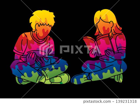 Children Reading Books Together Boy and Girl Study Cartoon Graphic Vector Children Reading Books Together Boy and Girl Study Cartoon Graphic Vector 139231318
