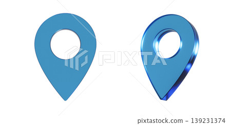 A 3D illustration of a flat icon for location information. The mark has a transparent, blue, glass-like texture. A 3D illustration of a flat icon for location information. The mark has a transparent, blue, glass-like texture. 139231374