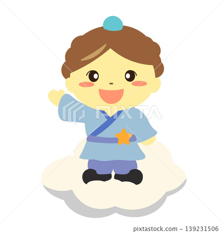 一幅牛郎從雲端揮手的插圖。 一幅牛郎從雲端揮手的插圖。 139231506