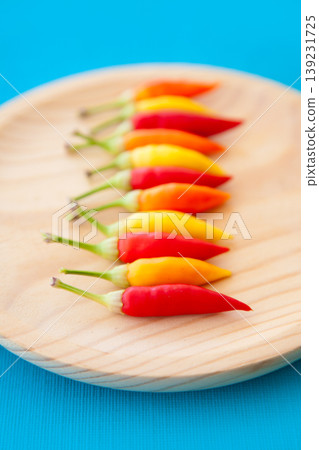 colorful hot chili peppers in a row on plate colorful hot chili peppers in a row on plate 139231725