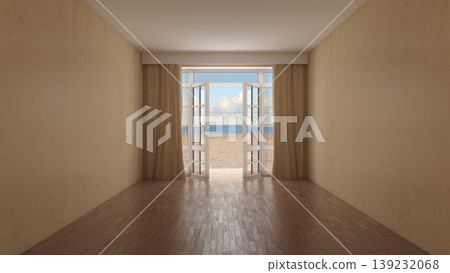 Empty Coastal Room With Curtains And Beach View Empty Coastal Room With Curtains And Beach View 139232068