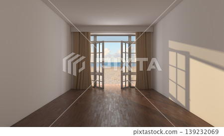 Empty Beachfront Interior With Curtains And Ocean View Empty Beachfront Interior With Curtains And Ocean View 139232069