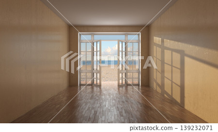 Empty Coastal Room With Open Doors And Ocean View Empty Coastal Room With Open Doors And Ocean View 139232071