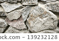 Close-up of a rough stone wall made of irregular rocks and mortar, showing natural textures, earthy tones, and a rustic architectural surface.  139232128