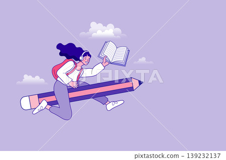 Happy student girl riding a giant flying pencil and holding a book in the sky symbolizing creative education knowledge discovery academic success and children imagination in learning Happy student girl riding a giant flying pencil and holding a book in the sky symbolizing creative education knowledge discovery academic success and children imagination in learning 139232137