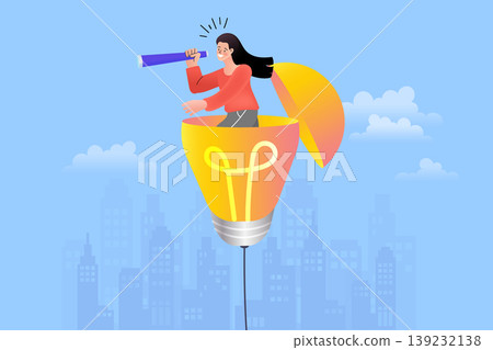 Businesswoman emerging from a giant glowing light bulb using a spyglass to look for opportunities and future goals representing creative thinking leadership and strategic vision on city background Businesswoman emerging from a giant glowing light bulb using a spyglass to look for opportunities and future goals representing creative thinking leadership and strategic vision on city background 139232138