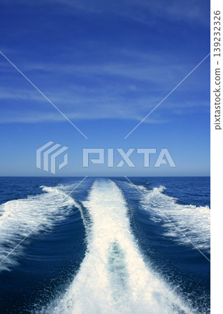 Boat white wake on the blue ocean sea Boat white wake on the blue ocean sea 139232326