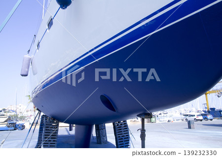 boat hull sailboat blue antifouling beached for paint boat hull sailboat blue antifouling beached for paint 139232330