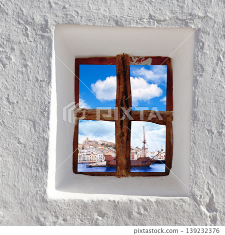 Eivissa Ibiza town view through window Eivissa Ibiza town view through window 139232376