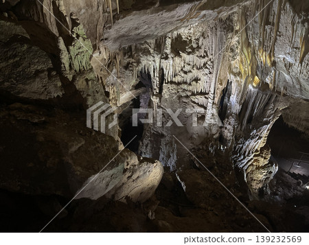 Geologic cave with stalactites. Grunge karst texture background 139232569