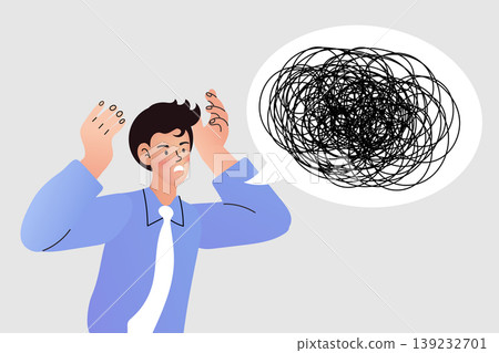Worried man in blue shirt and tie with messy lines in speech bubble representing confusion work stress anxiety and mental health problem on grey background Worried man in blue shirt and tie with messy lines in speech bubble representing confusion work stress anxiety and mental health problem on grey background 139232701