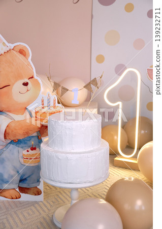 First Birthday Cake with Bear and Neon Sign First Birthday Cake with Bear and Neon Sign 139232711