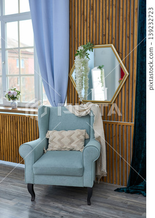 Cozy Armchair with Mountain Forest View Cozy Armchair with Mountain Forest View 139232723