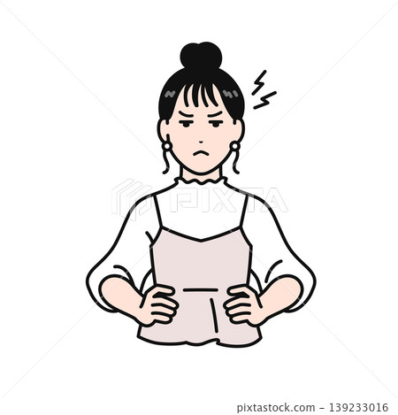 Simple vector illustration of a young woman with her hair tied up looking annoyed. 139233016