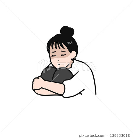 A simple vector illustration of a young woman with her hair tied up, looking dejected and hugging her knees. A simple vector illustration of a young woman with her hair tied up, looking dejected and hugging her knees. 139233018