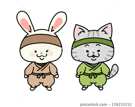 一對穿著忍者服的可愛兔子和貓咪。 139233252