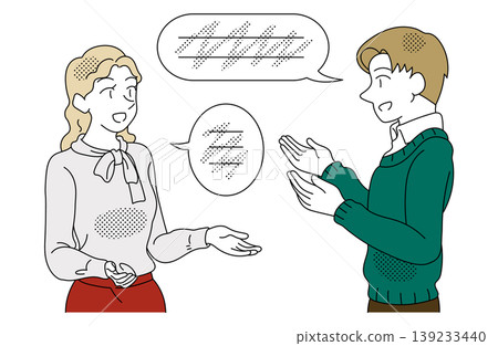 Illustration of a man and woman conversing in a global business setting. 139233440