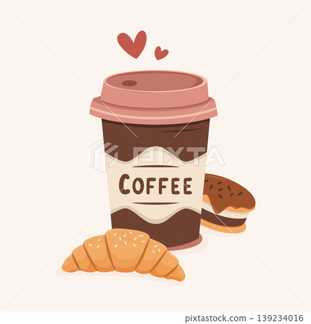 Coffee cup with croissant and dessert in flat style on light background. 139234016