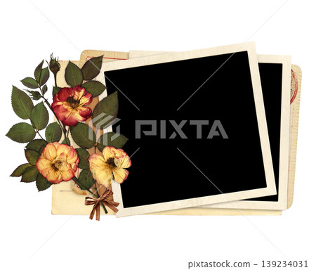 Nostalgic scrapbooking template with moodboard photoframe for scrapbooking. Retro frame photo with dry pressed rose flowers and linen bow. Vintage style mood board layout. Isolated on white background Nostalgic scrapbooking template with moodboard photoframe for scrapbooking. Retro frame photo with dry pressed rose flowers and linen bow. Vintage style mood board layout. Isolated on white background 139234031