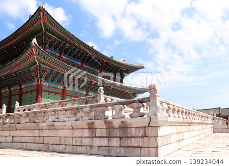Ancient pavilion of Gyeongbokgung Palace, Seoul, South Korea. Beautiful scene with wooden pavilion at Gyeongbokgung Palace complex,  Seoul, Republic of Korea 139234044