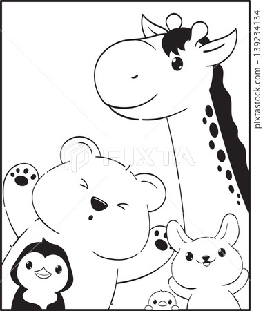 Black and white pattern with animal for coloring. Cute animals friends. Coloring page with funny characters for children and adults. Coloring book anti-stress. Vector illustration EPS8 Black and white pattern with animal for coloring. Cute animals friends. Coloring page with funny characters for children and adults. Coloring book anti-stress. Vector illustration EPS8 139234134