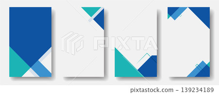 Collection of four modern layouts for brochures, flyers, or social media posts. Minimalist design featuring overlapping triangles and rectangles in blue, azure, and teal palettes. Clean white space fo Collection of four modern layouts for brochures, flyers, or social media posts. Minimalist design featuring overlapping triangles and rectangles in blue, azure, and teal palettes. Clean white space fo 139234189