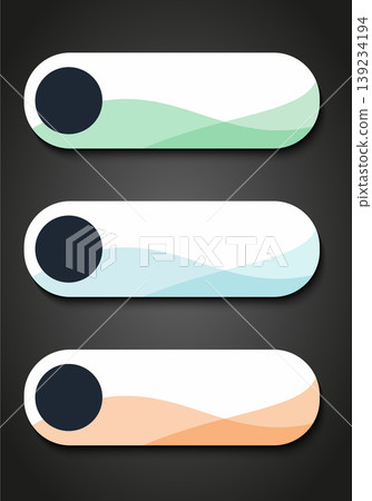 A collection of three horizontal rounded banners. Each panel is decorated with overlapping translucent pastel waves (green, blue, peach) and features a dark circular area for icons. Modern design with A collection of three horizontal rounded banners. Each panel is decorated with overlapping translucent pastel waves (green, blue, peach) and features a dark circular area for icons. Modern design with 139234194