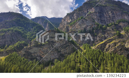 Majestic rocky mountain slopes covered with coniferous forests under a cloudy sky Majestic rocky mountain slopes covered with coniferous forests under a cloudy sky 139234223