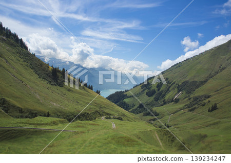 Aerial view of a lush green mountain valley and Lake Brienz in Switzerland Aerial view of a lush green mountain valley and Lake Brienz in Switzerland 139234247