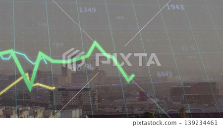 Displaying financial graph with grid overlay, numbers and green yellow lines over urban skyline Displaying financial graph with grid overlay, numbers and green yellow lines over urban skyline 139234461