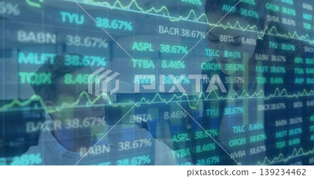 Analyzing colleagues wearing business shirts using LED panel in trading room, with green tickers Analyzing colleagues wearing business shirts using LED panel in trading room, with green tickers 139234462