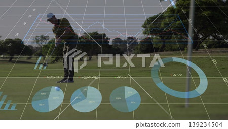 Standing golfer in polo aligning putter over ball on putting green, with flagstick and data charts Standing golfer in polo aligning putter over ball on putting green, with flagstick and data charts 139234504