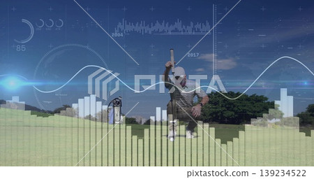 Kneeling golfer lining up putter and ball on putting green, with bag with clubs, data overlays Kneeling golfer lining up putter and ball on putting green, with bag with clubs, data overlays 139234522