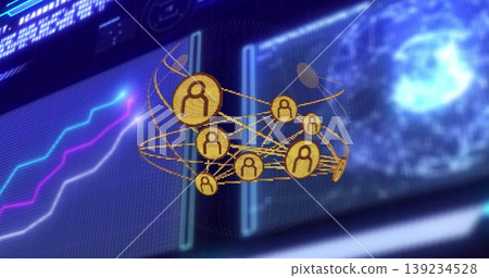 Floating network of golden avatars with lines in panels showing multicolor graph and glowing globe Floating network of golden avatars with lines in panels showing multicolor graph and glowing globe 139234528