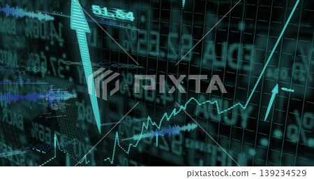 Rising dotted graph on trading terminal with numeric overlays spikes teal arrows and digital globe Rising dotted graph on trading terminal with numeric overlays spikes teal arrows and digital globe 139234529