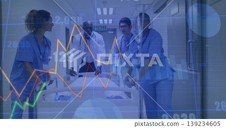 Medical team carrying bed in bright corridor, with IV stand, stethoscope, badges, data overlays Medical team carrying bed in bright corridor, with IV stand, stethoscope, badges, data overlays 139234605