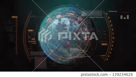 Displaying virus sphere spinning in digital hologram, with spike proteins, wireframe, data panels Displaying virus sphere spinning in digital hologram, with spike proteins, wireframe, data panels 139234628