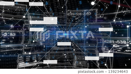 Glowing blue data stream moving in virtual network interface, with circuit traces and nodes 139234643