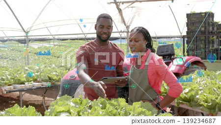 Gesturing farm team consulting tablet among lettuce rows in greenhouse, with tractor and crates Gesturing farm team consulting tablet among lettuce rows in greenhouse, with tractor and crates 139234687